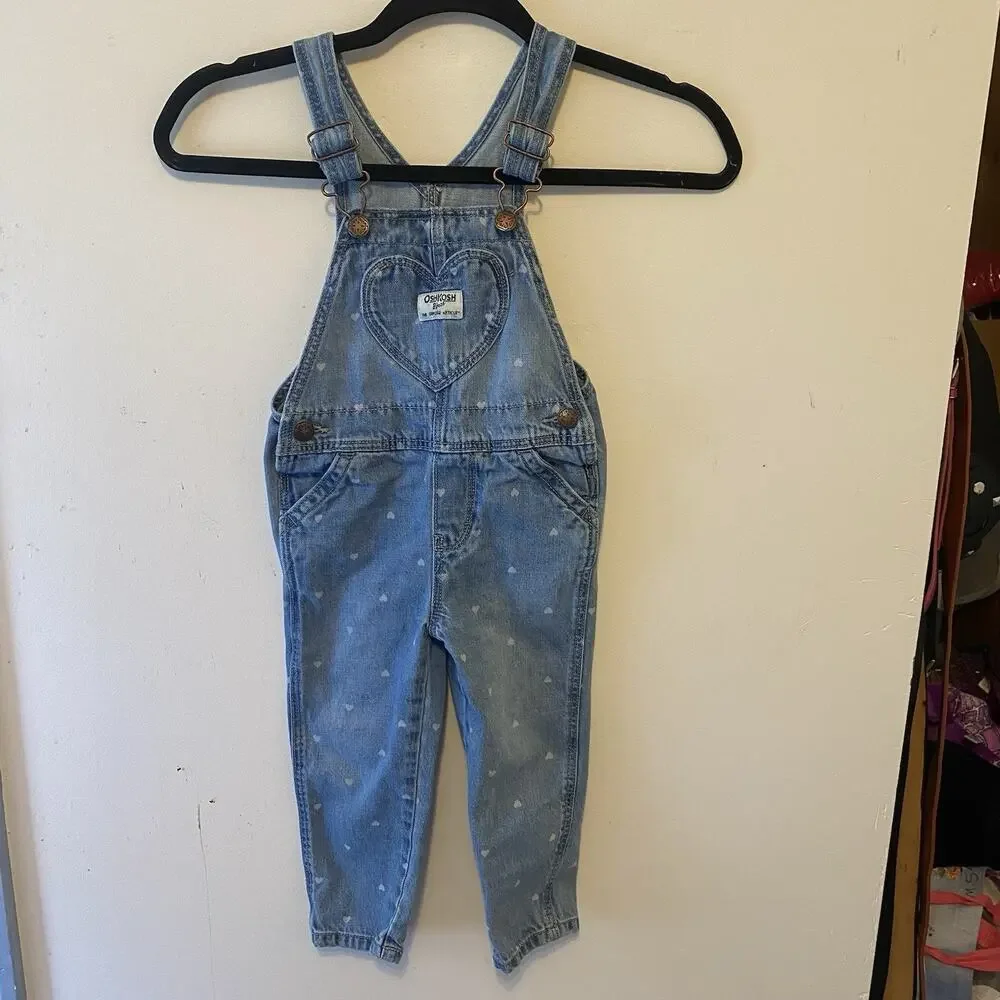 Oshkosh BGosh Girls overalls all over heart print denim blue white vestbak 2T